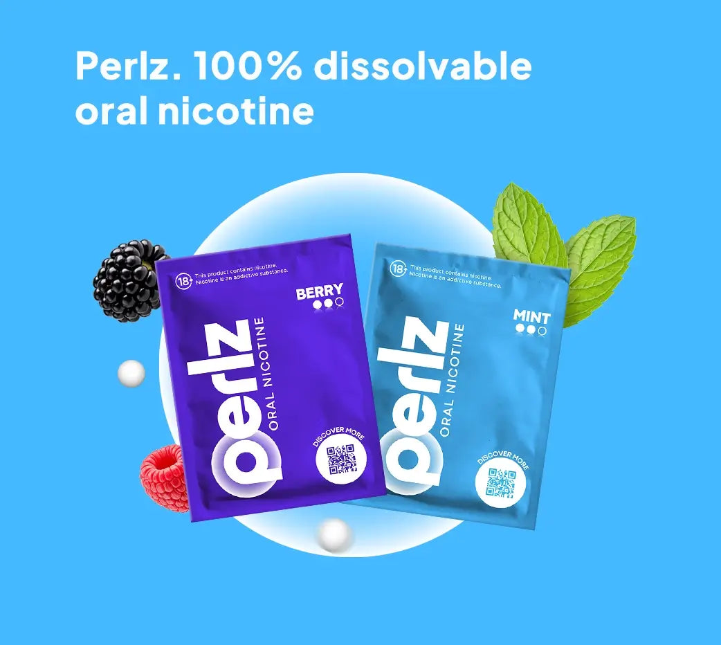 Two Perlz nicotine pouches, one Berry and one Mint, on a blue background with berries and Mint leaves.