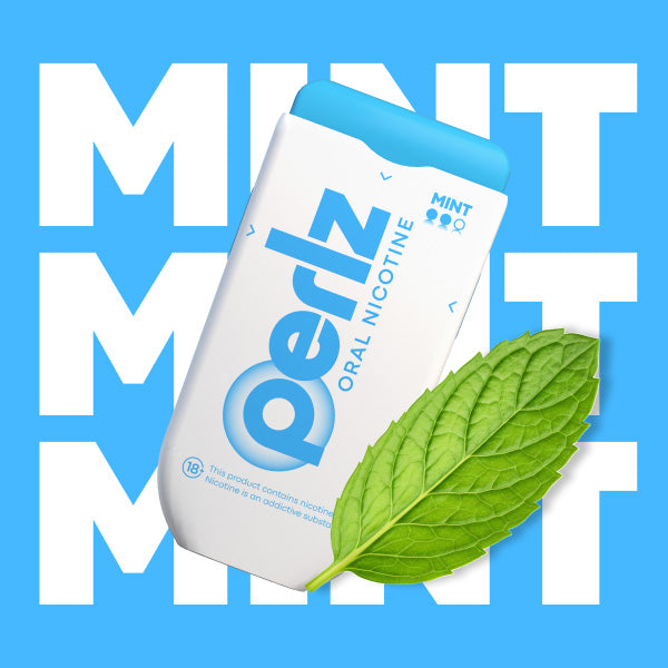 Perlz oral nicotine dispenser with a mint leaf on a blue background with 'Mint' text.